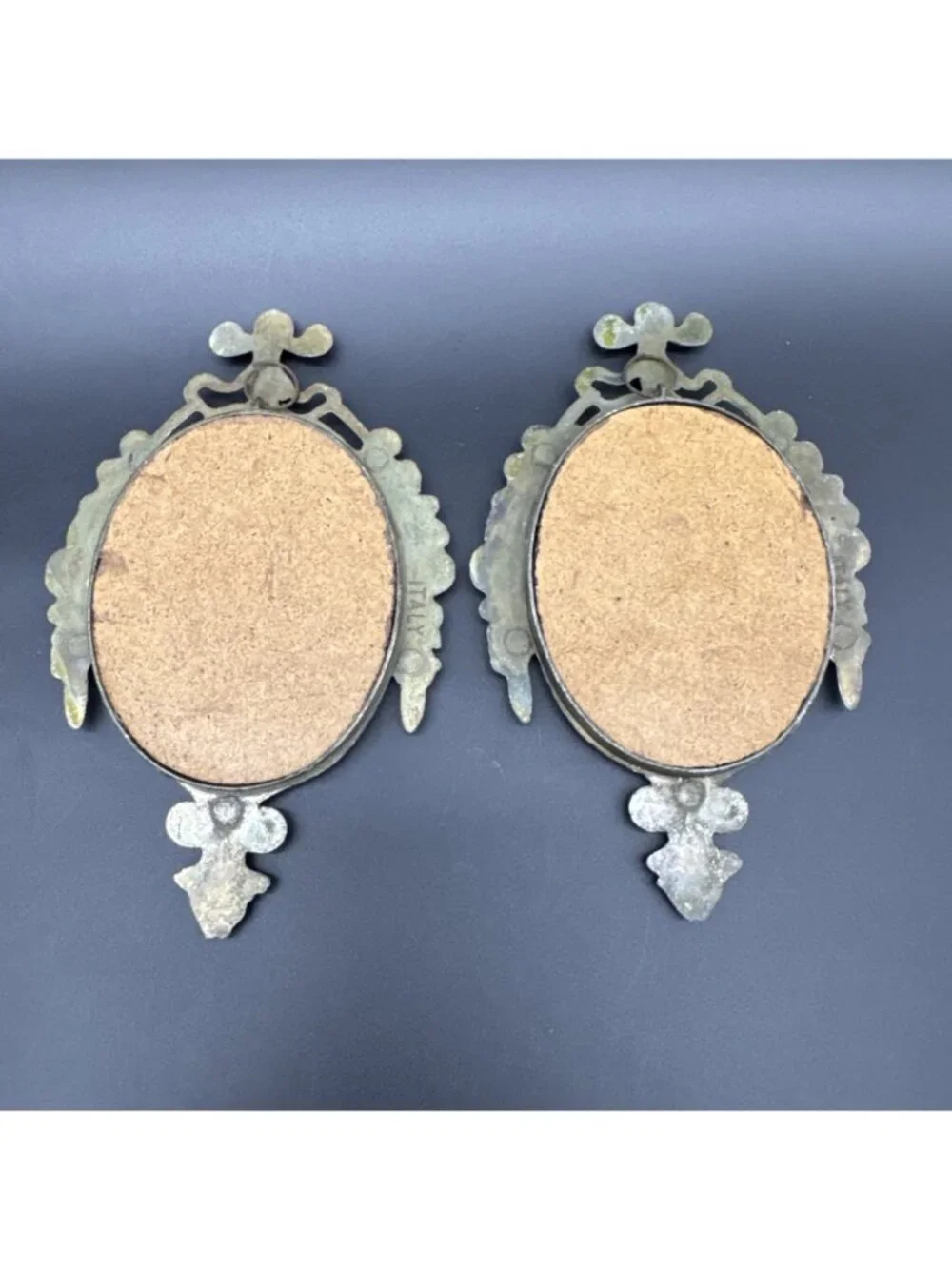 VTG 6” Ornate Gold Bronze Wall Hanging Mirror Set Floral Bow Rocco Gallery Italy